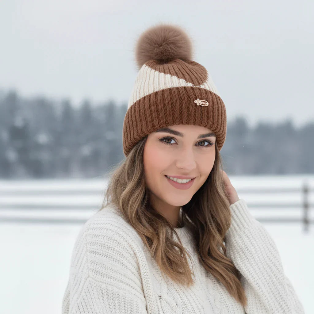 Luxury Fur Pom Beanie Striped Knit Winter Hat