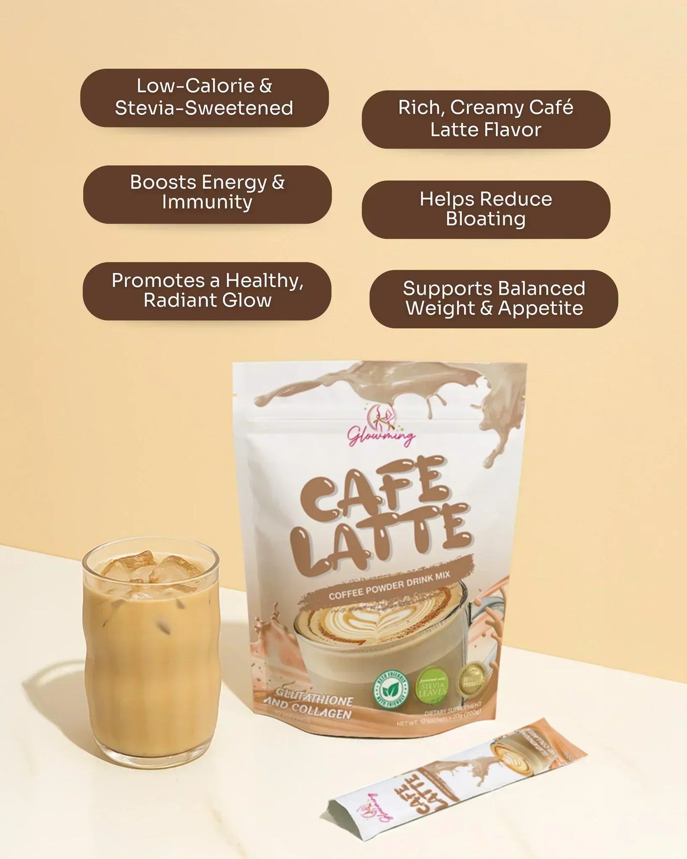 Glowming Cafe Latte Coffee Powder Drink Mix - 10 Sachets x 20g