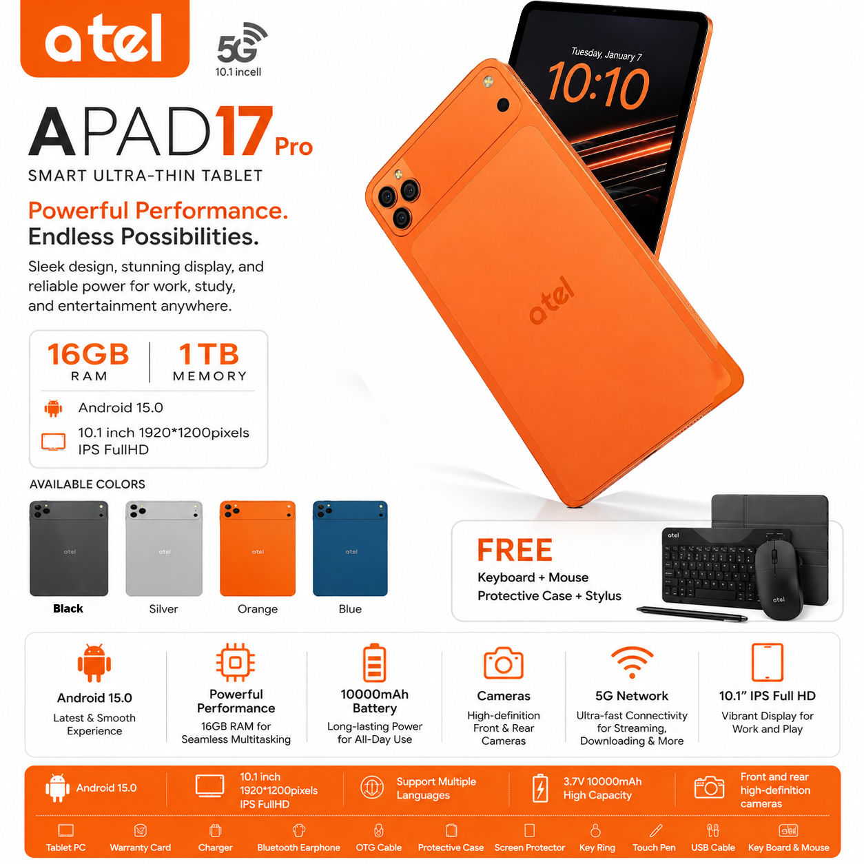 Atel APAD 17 Pro بذاكرة وصول عشوائي (RAM) سعة 16 جيجابايت وذاكرة تخزين سعة 1 تيرابايت ودعم شبكة 5G