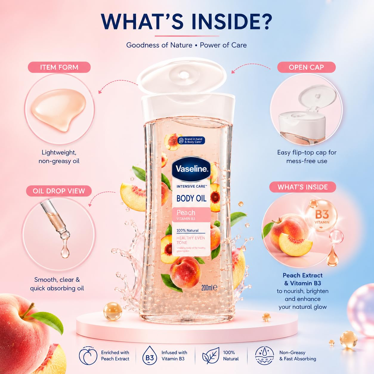 Vaseline Peach Vitamin B3 Body Oil - 200ml