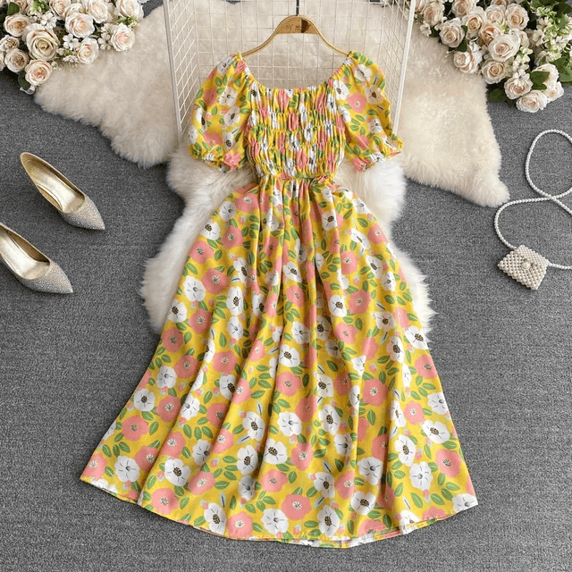 Romantic Floral Elegant Puff Sleeve Korean Dress - DOU13