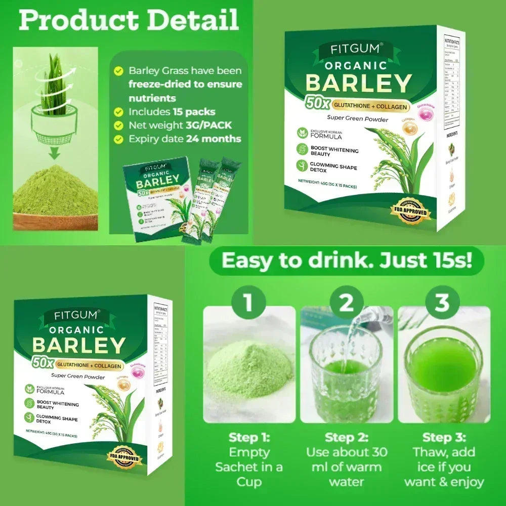 Fitgum Organic Barley Super Green Powder - 3g × 15 Packs