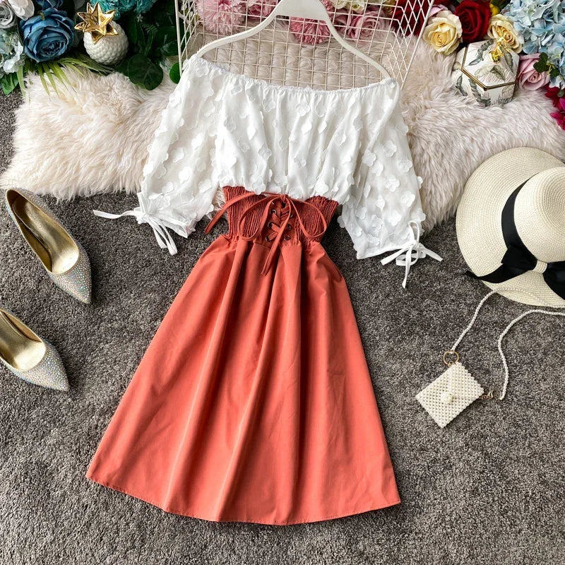 Slash Neck Solid Chiffon Puff Sleeve Flower Party Dress