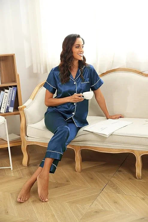 Women's Korean Fashion Silk Pajamas 2 Pcs Set - E8089
