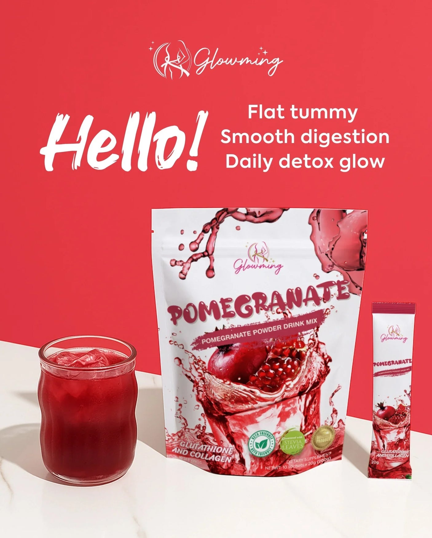 Glowming Pomegranate Powder Drink Mix - 10 Sachets x 20g