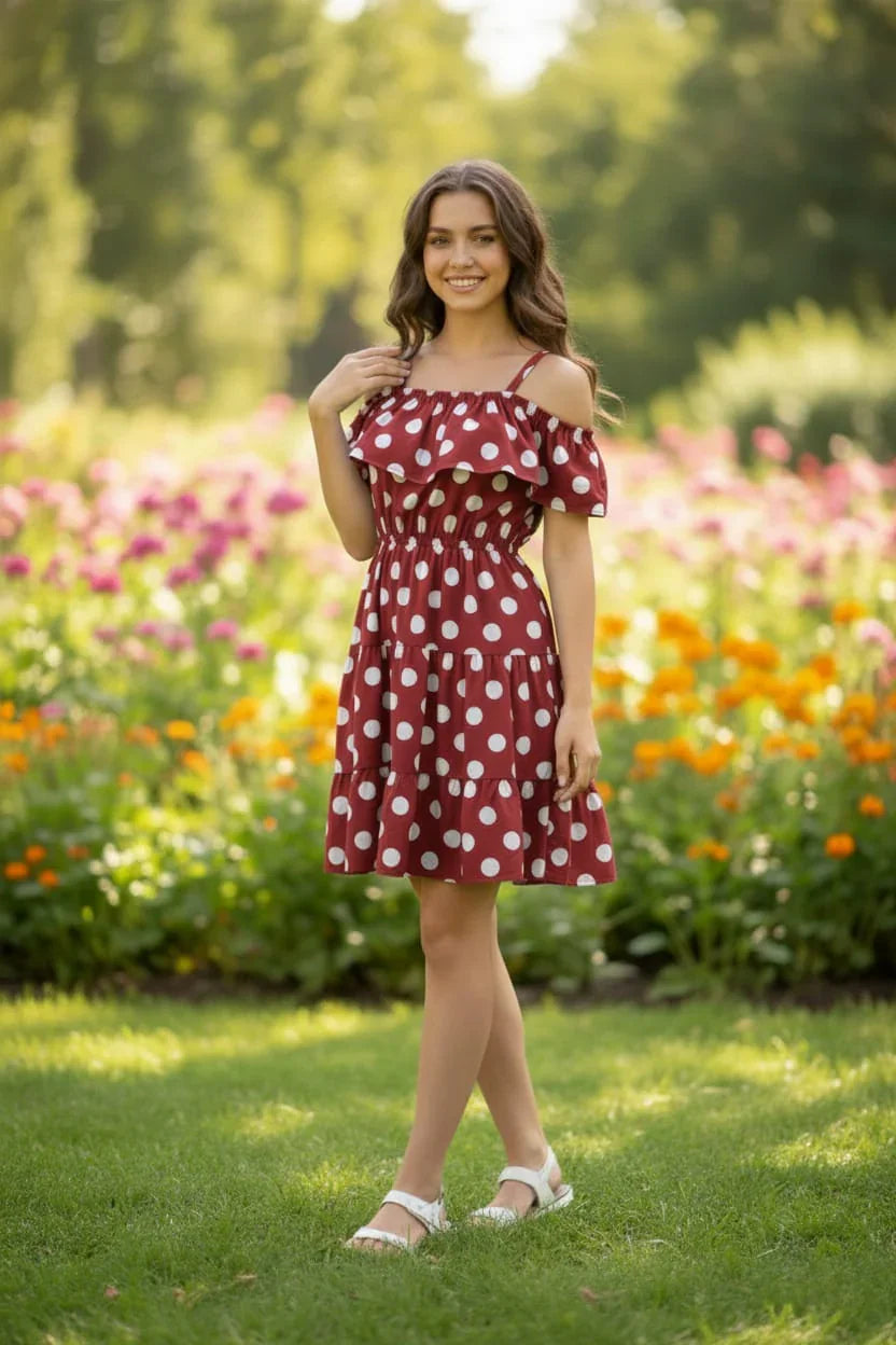 Women's Polka Dot Cold Shoulder Tiered Dress