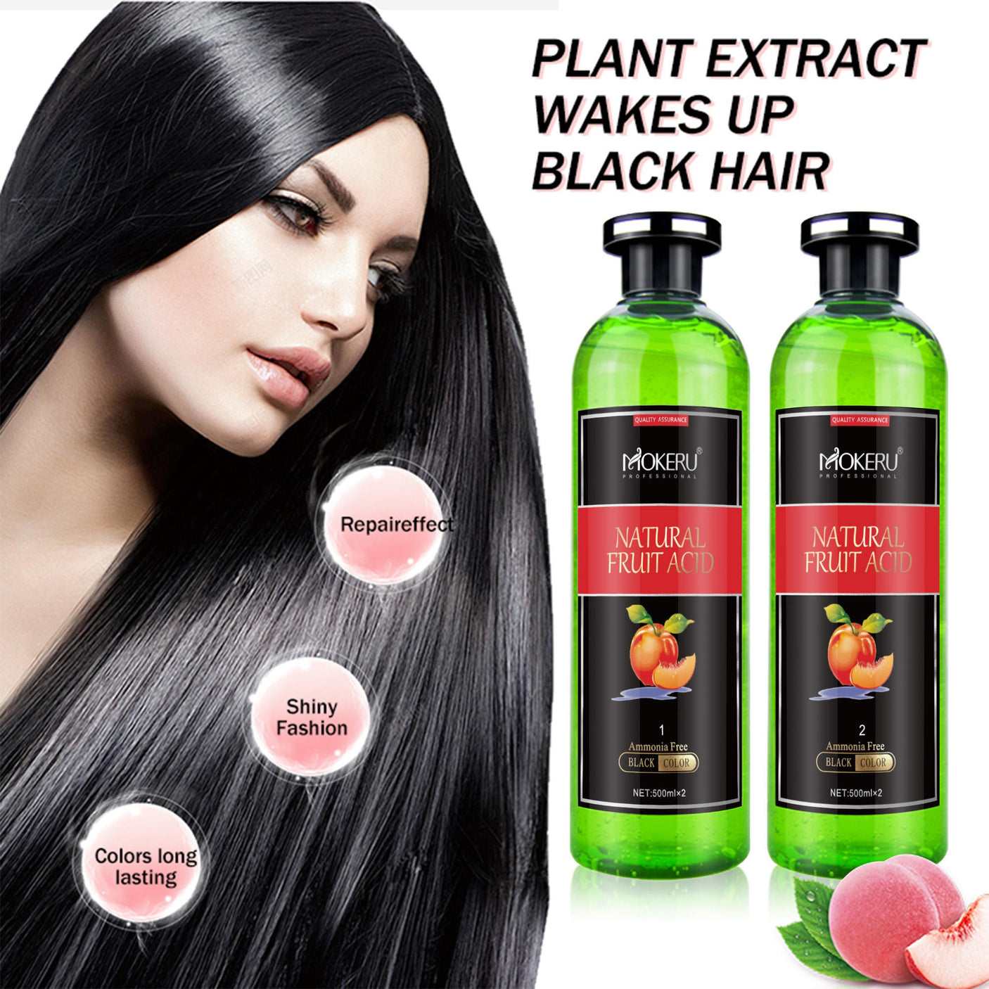 Mokeru Professional Natural Fruit Acid Hair Dye - 500ml × 2 Pcs (Black)
