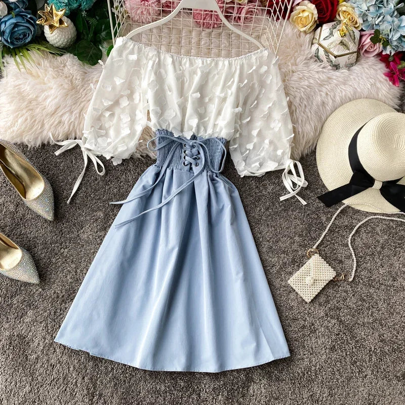 Slash Neck Solid Chiffon Puff Sleeve Flower Party Dress