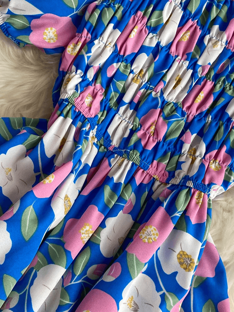 Romantic Floral Elegant Puff Sleeve Korean Dress - DOU13
