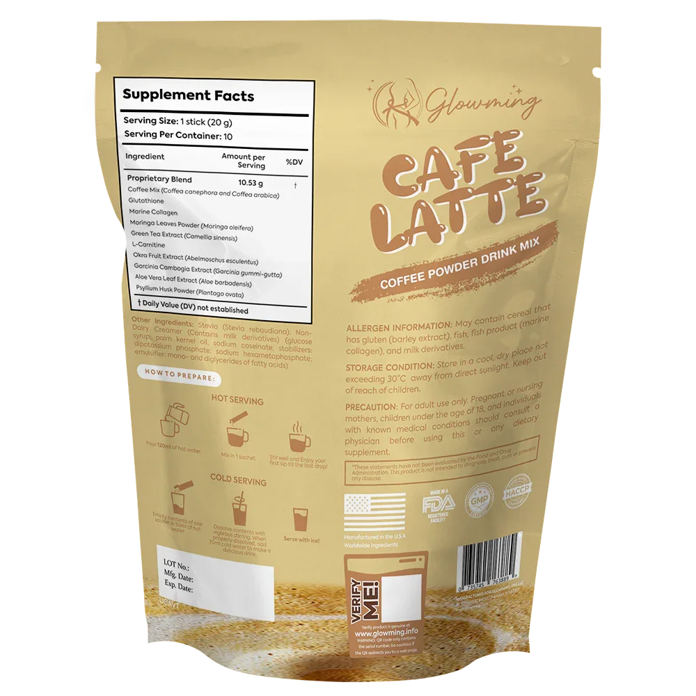 Glowming Cafe Latte Coffee Powder Drink Mix - 10 Sachets x 20g