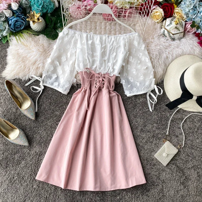 Slash Neck Solid Chiffon Puff Sleeve Flower Party Dress