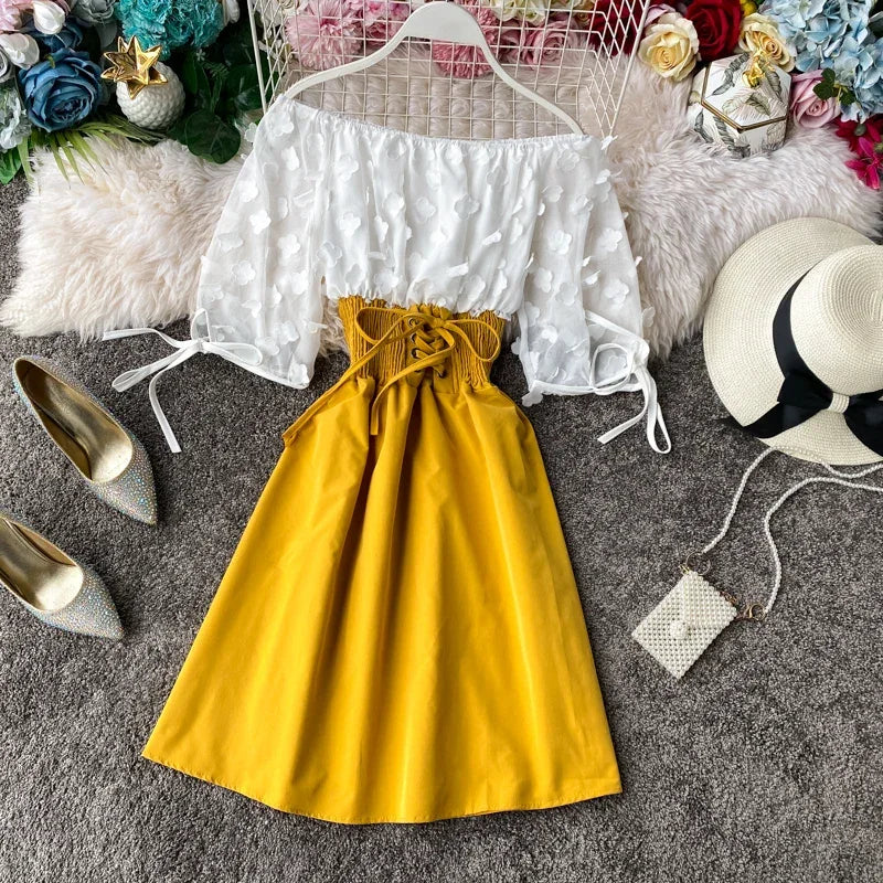Slash Neck Solid Chiffon Puff Sleeve Flower Party Dress