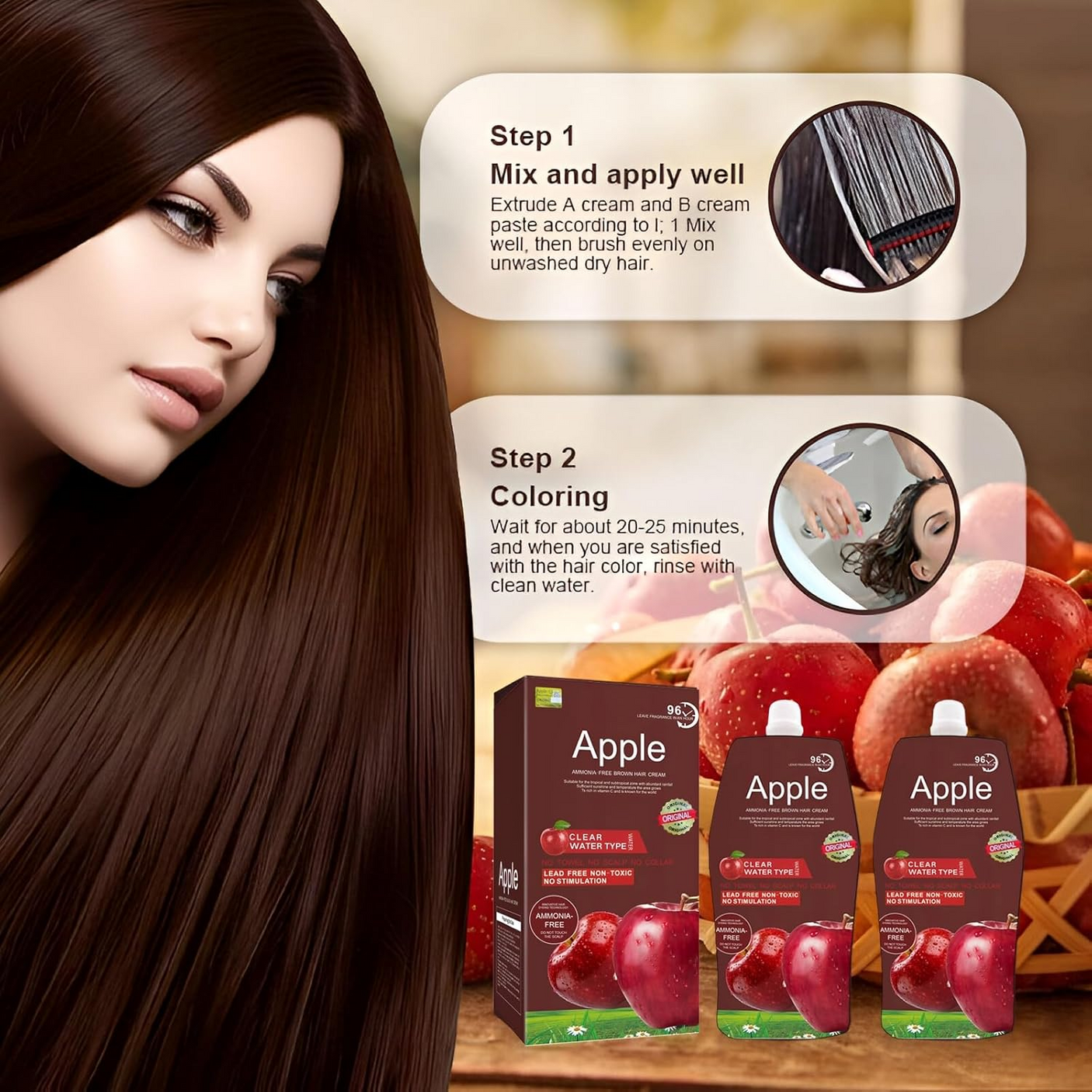 Apple Ammonia Free Dark Brown Hair Color Cream 96H - 500ml+500ml