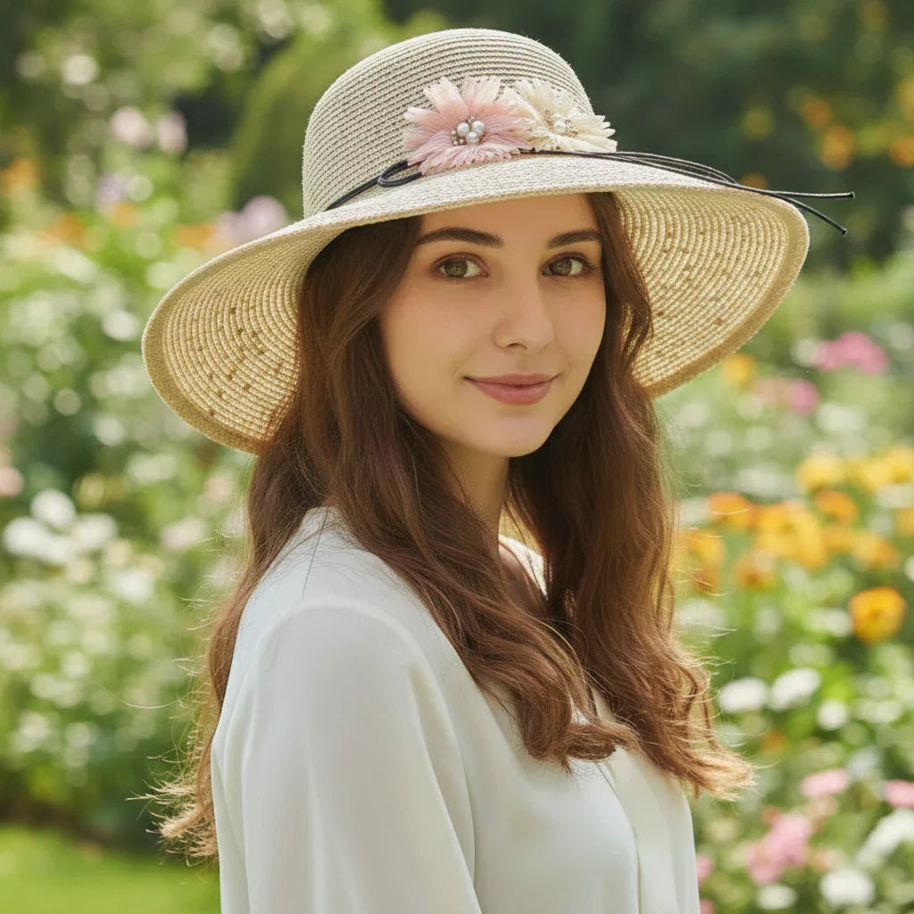 Women's Wide Brim Straw Sun Hat with Flower & Pearl Trim