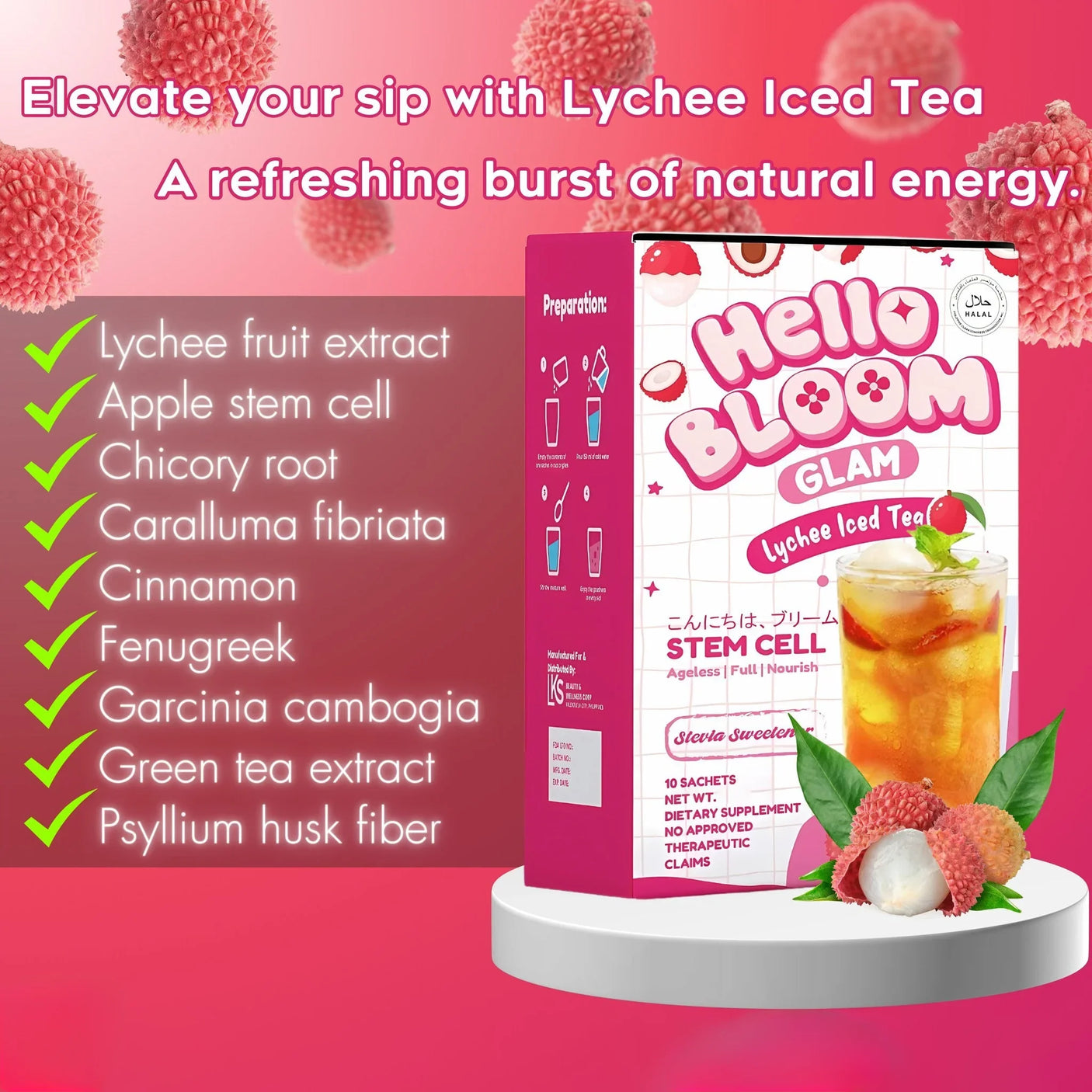 Hello Bloom Glam Lychee Iced Tea Juice Drink - 10s × 18g (180g)