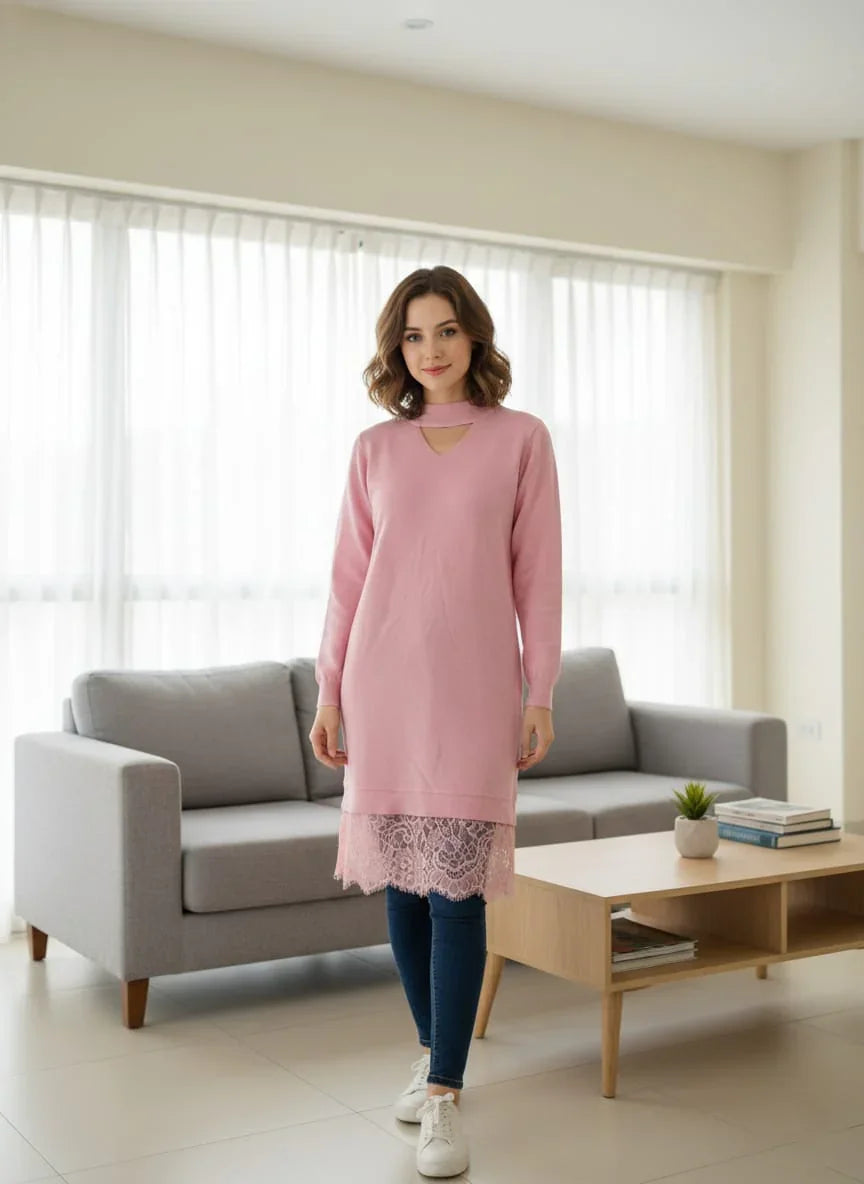 Women's Ribbed Choker Sweater with Lace Hem