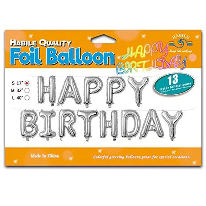 Happy Birthday Balloons Banner 13 Pcs Set (Silver)