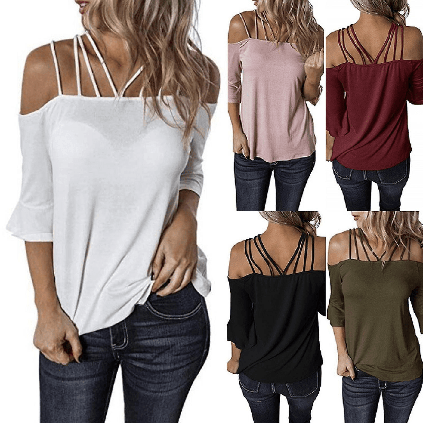 Womens Spaghetti Straps Cold Shoulder Shirts Casual Half Sleeve Tops - Y231