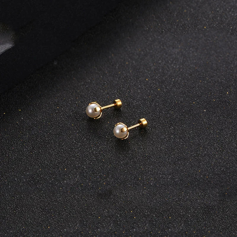 Golden Stainless Steel Pearl Stud Earrings - 116