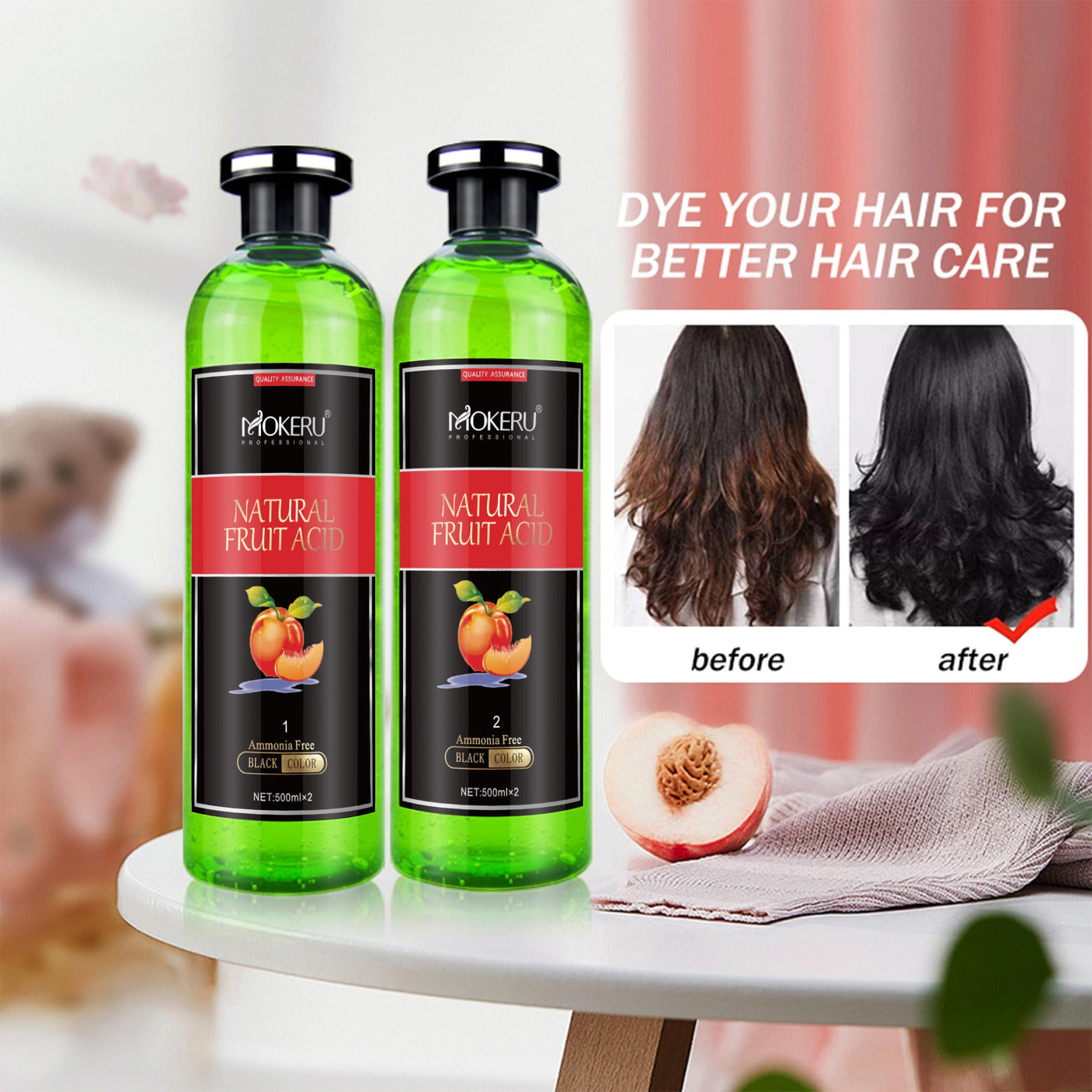 Mokeru Professional Natural Fruit Acid Hair Dye - 500ml × 2 Pcs (Black)