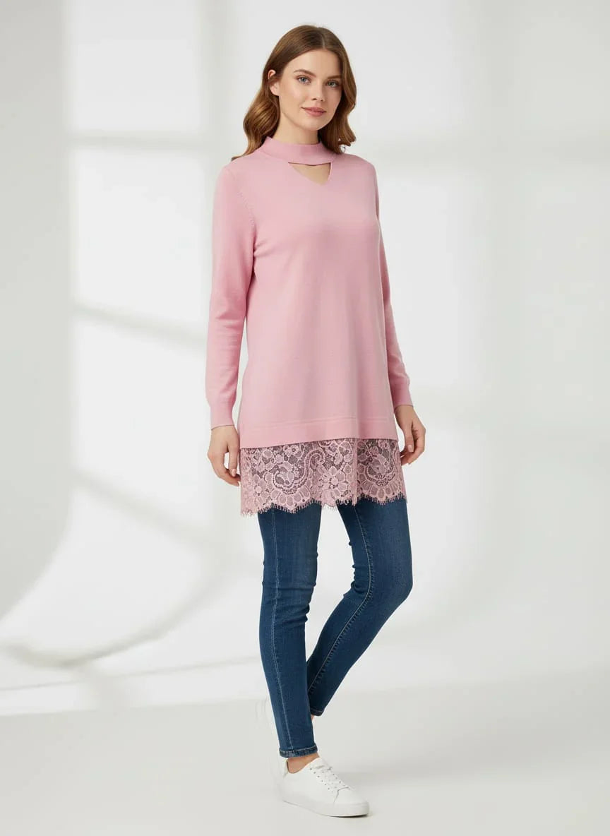 Women's Ribbed Choker Sweater with Lace Hem