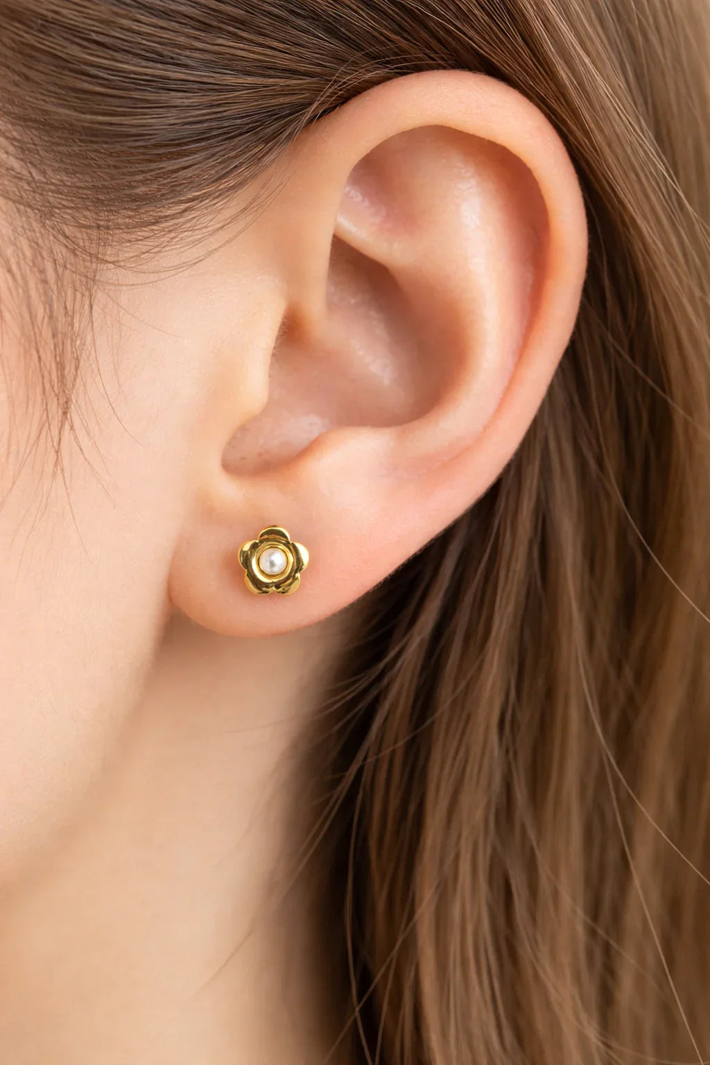 Golden Stainless Steel Small Pearl Design Stud Earrings - 123