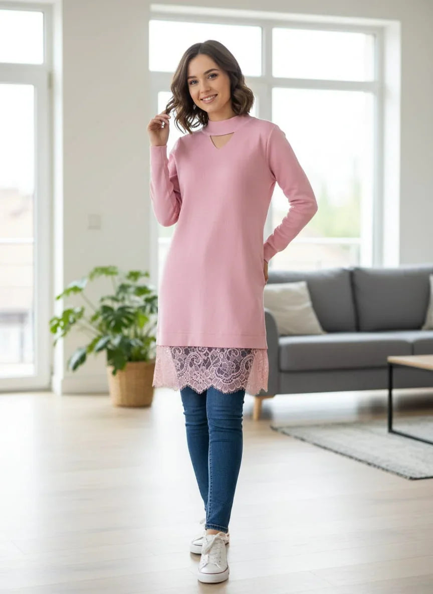 Women's Ribbed Choker Sweater with Lace Hem