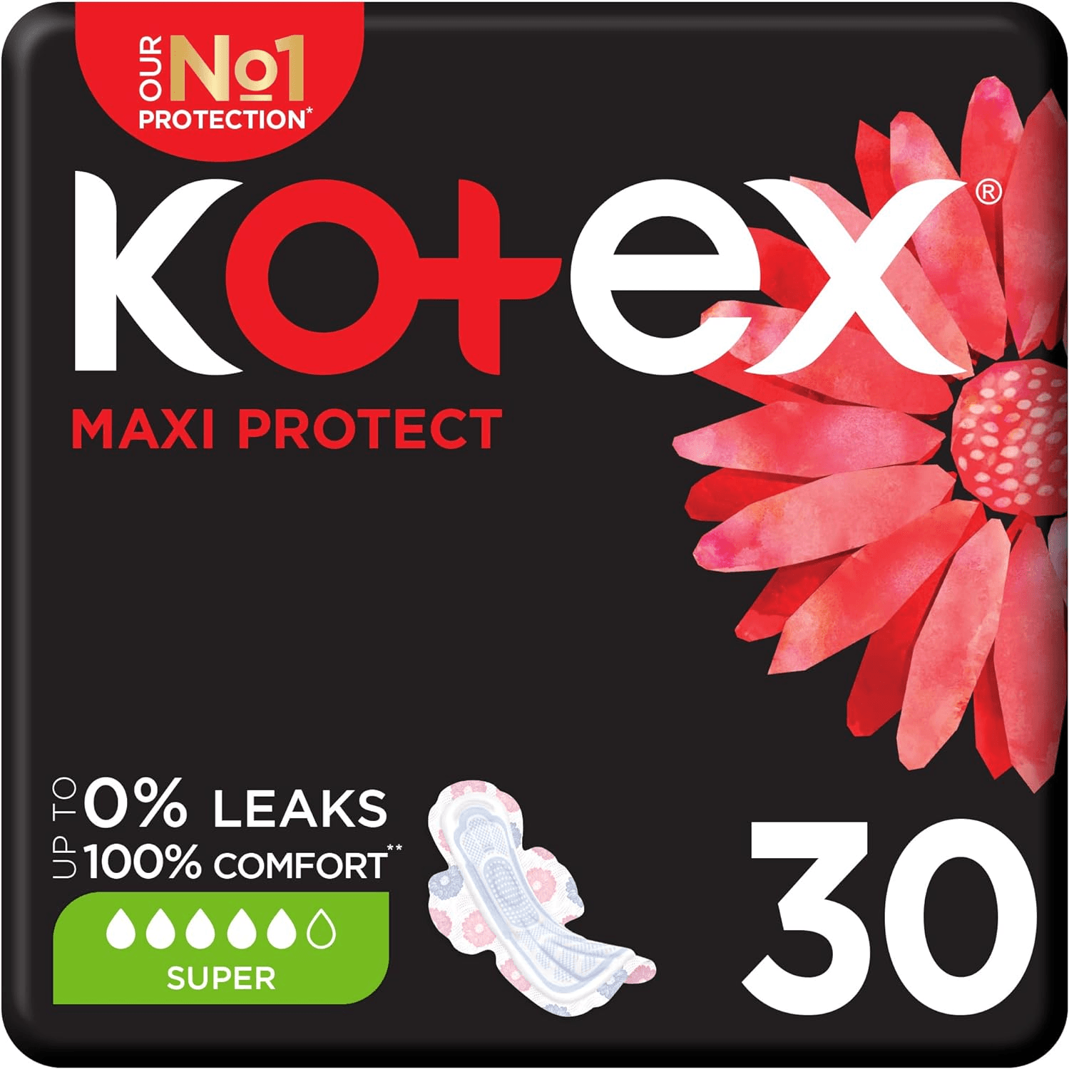 Kotex Maxi Protect Thick Pads Super Size With Wings - 30 Pads