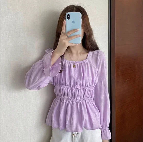 Women's Croptop Vintage Retro Square Shirring Blouse Dress