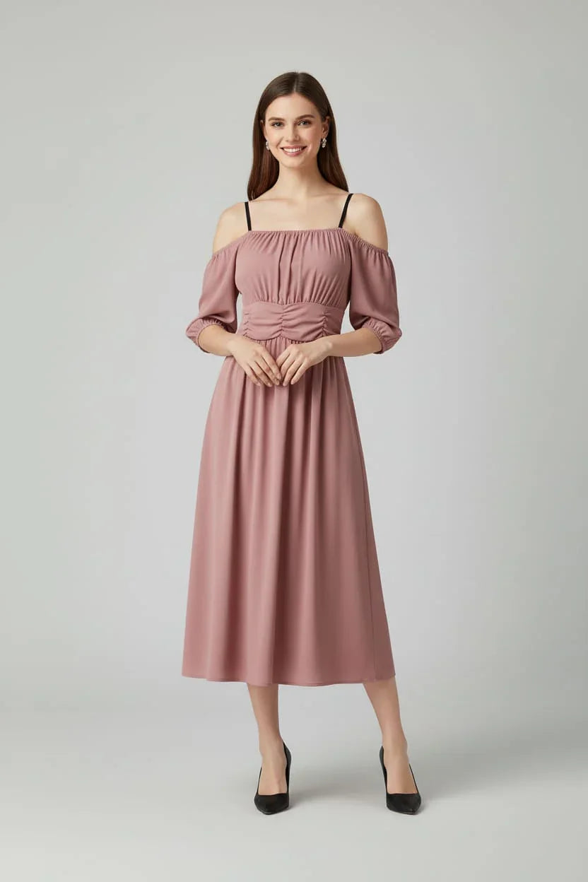 Women's Off-Shoulder Midi Dress with Puff Sleeves