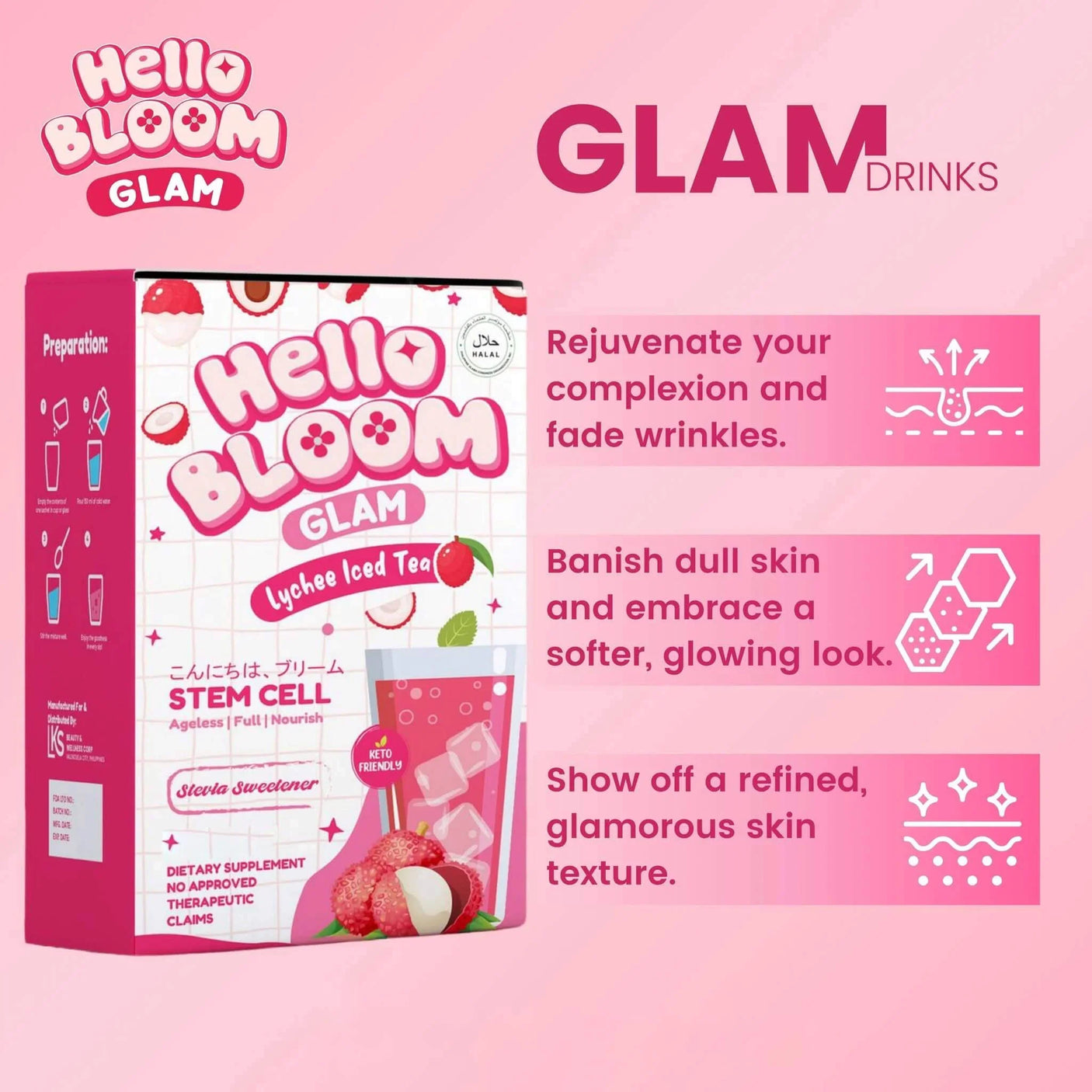 Hello Bloom Glam Lychee Iced Tea Juice Drink - 10s × 18g (180g)