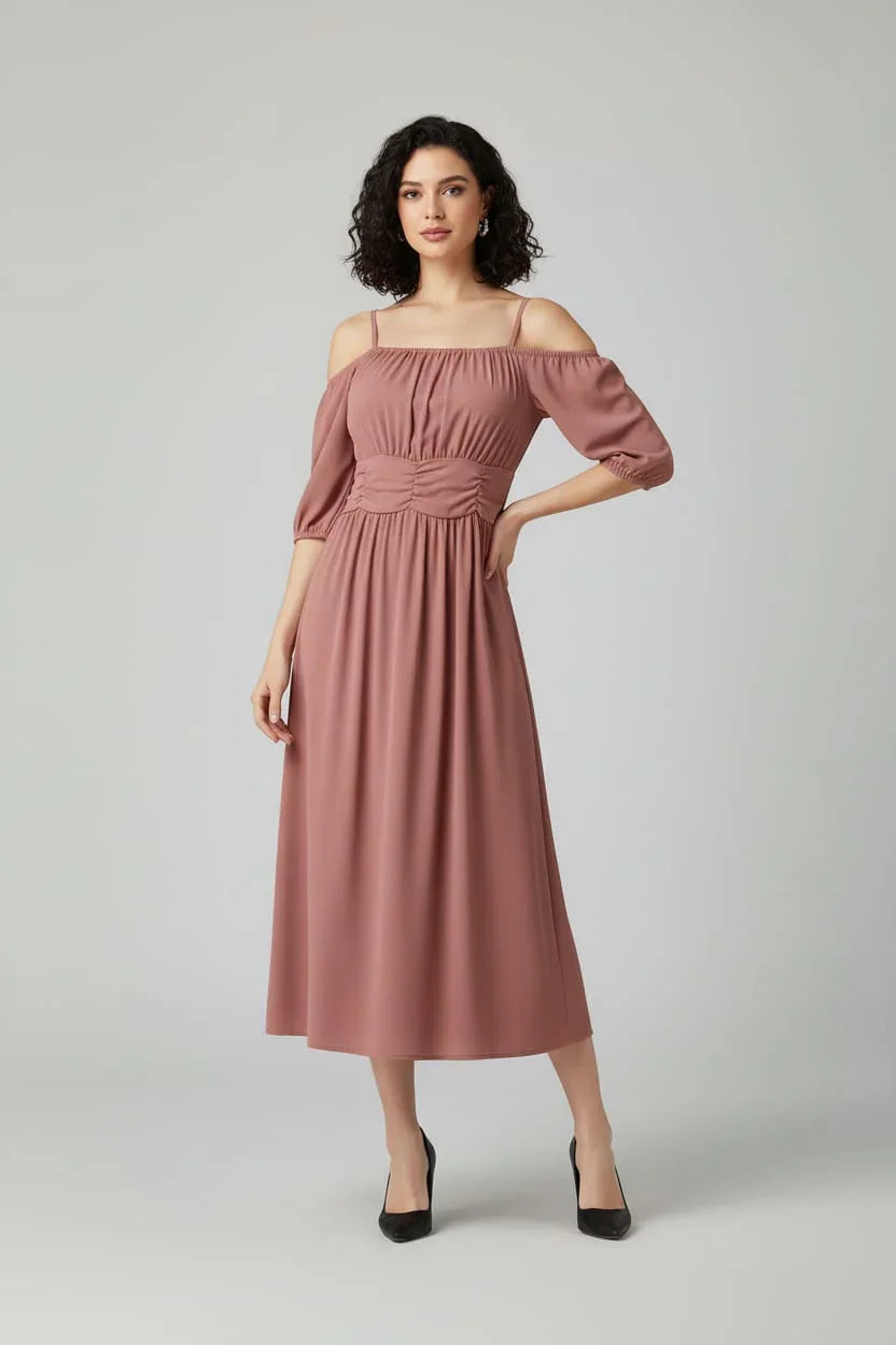 Women's Off-Shoulder Midi Dress with Puff Sleeves