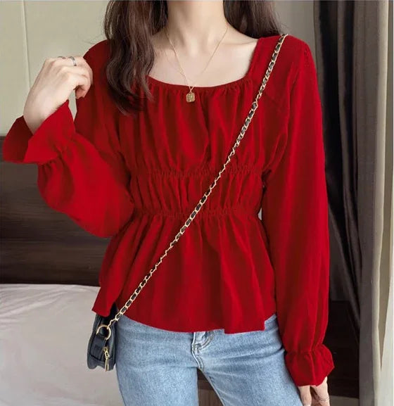 Women's Croptop Vintage Retro Square Shirring Blouse Dress