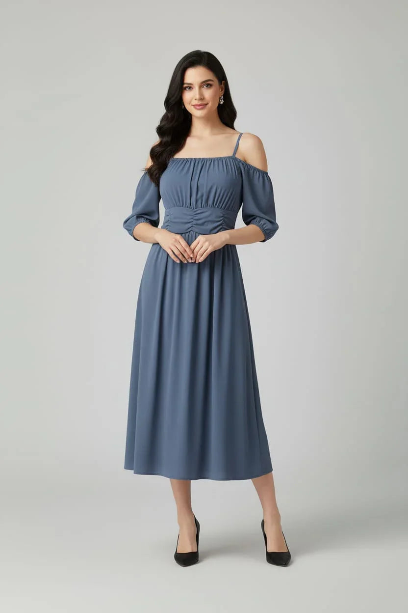 Women's Off-Shoulder Midi Dress with Puff Sleeves