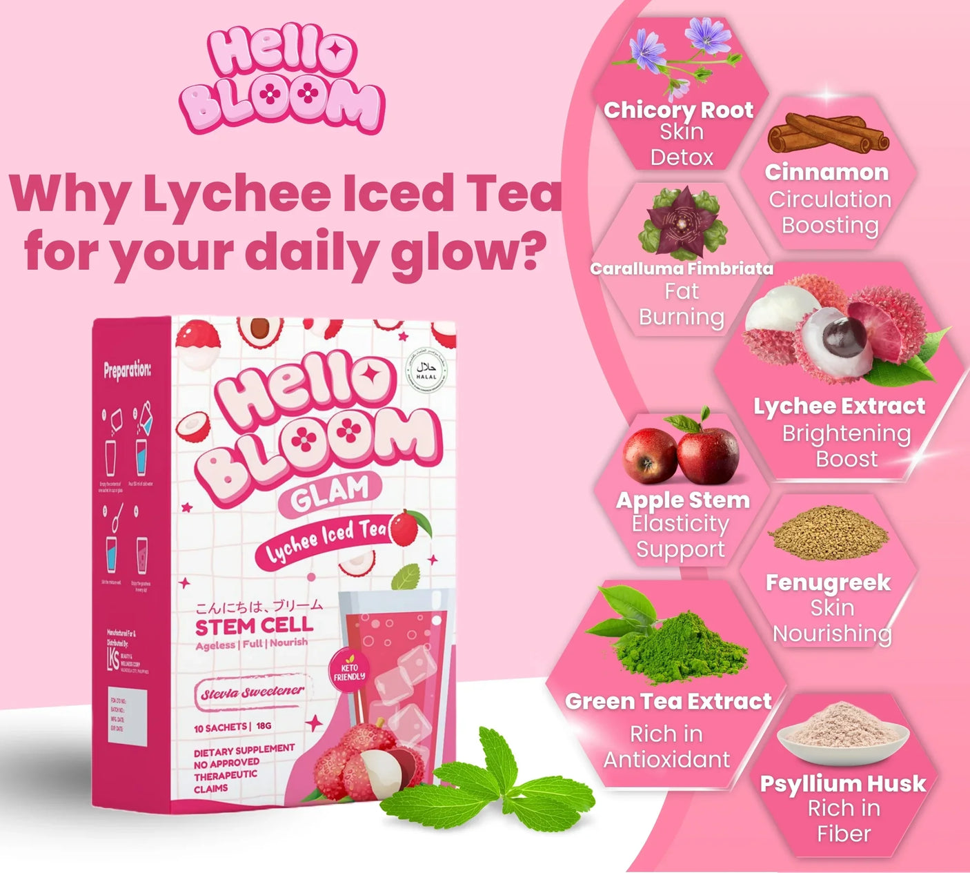 Hello Bloom Glam Lychee Iced Tea Juice Drink - 10s × 18g (180g)
