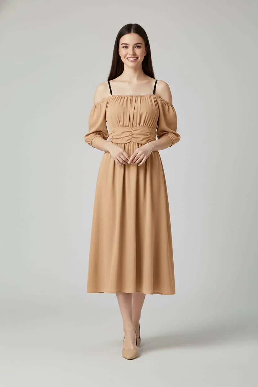Women's Off-Shoulder Midi Dress with Puff Sleeves