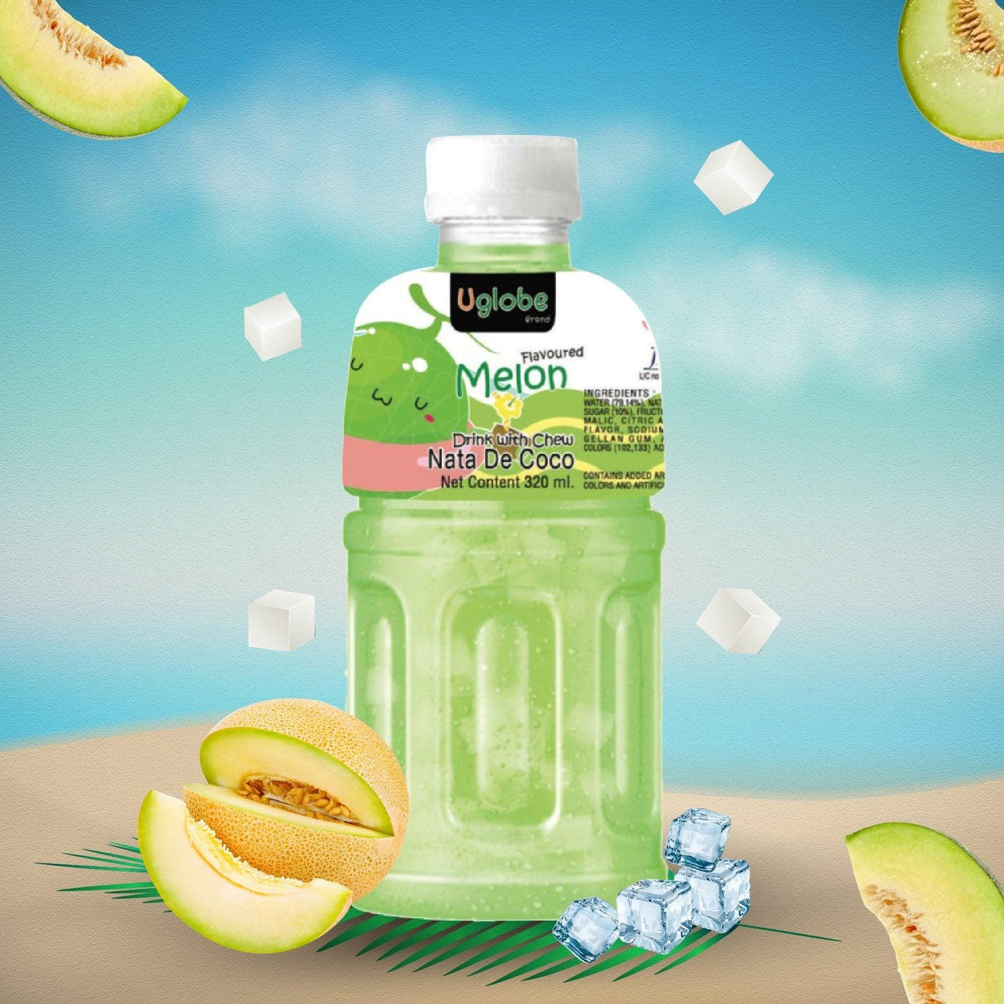 Uglobe Melon Juice Drink With Chew Nata De Coco - 320ml X 6 Pcs