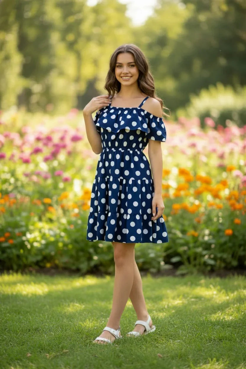 Women's Polka Dot Cold Shoulder Tiered Dress