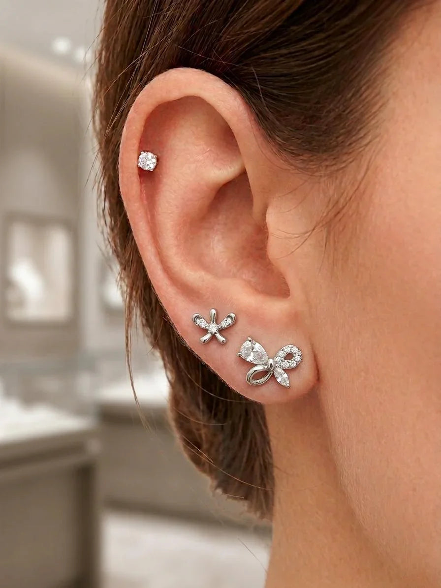 Korean Style Silver Stainless Steel Stud Earrings 3 Pairs - 137