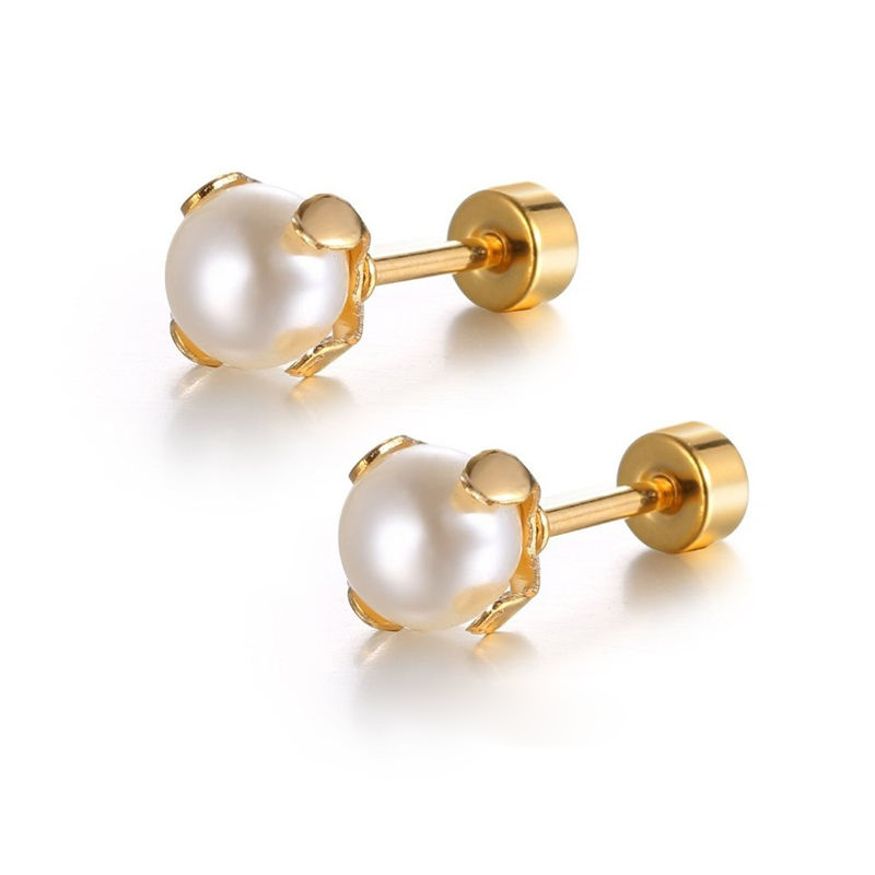 Golden Stainless Steel Pearl Stud Earrings - 116