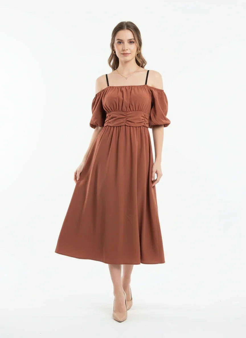 Women's Off-Shoulder Midi Dress with Puff Sleeves