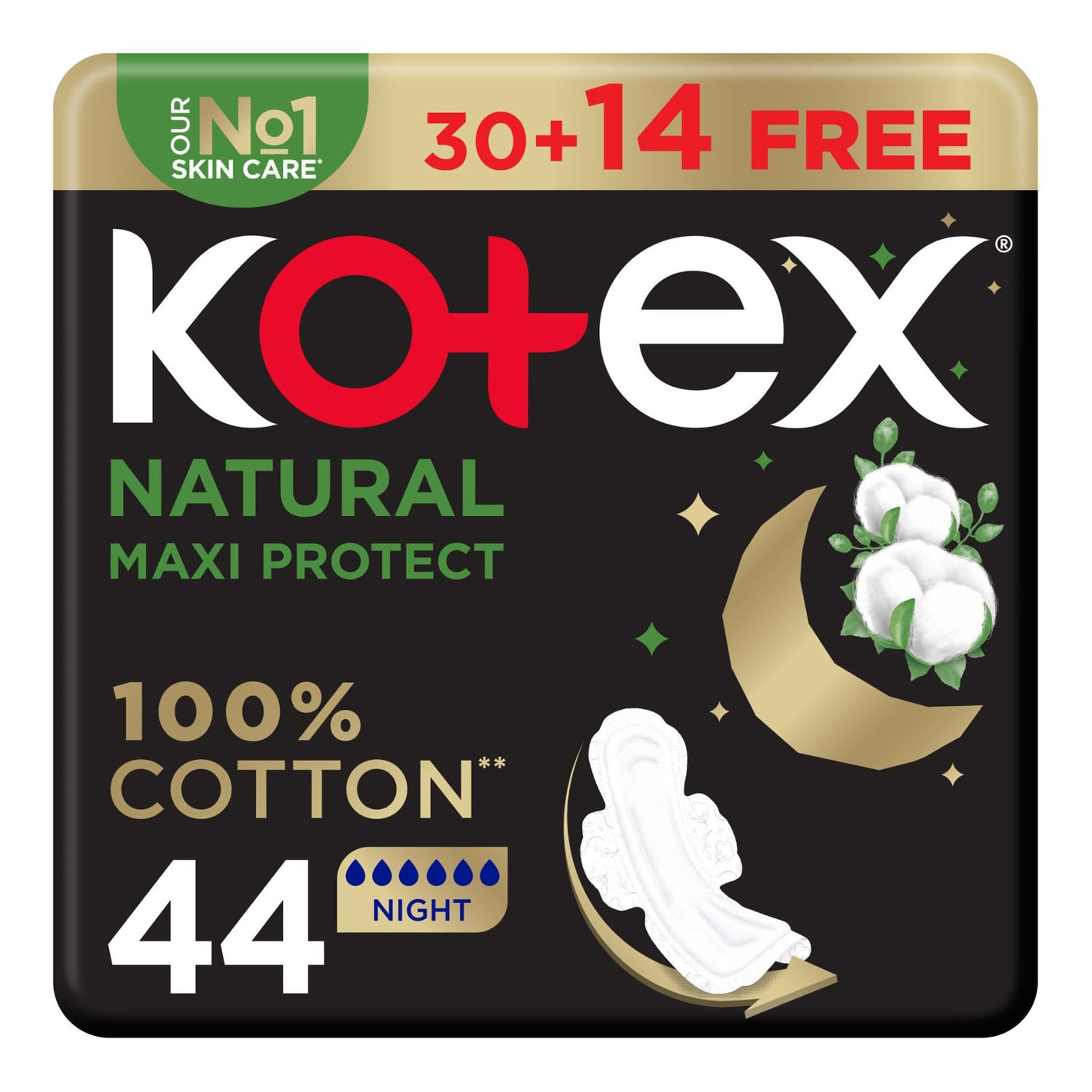 Kotex Natural Maxi Protect Overnight Sanitary Pads With Wings - 44s