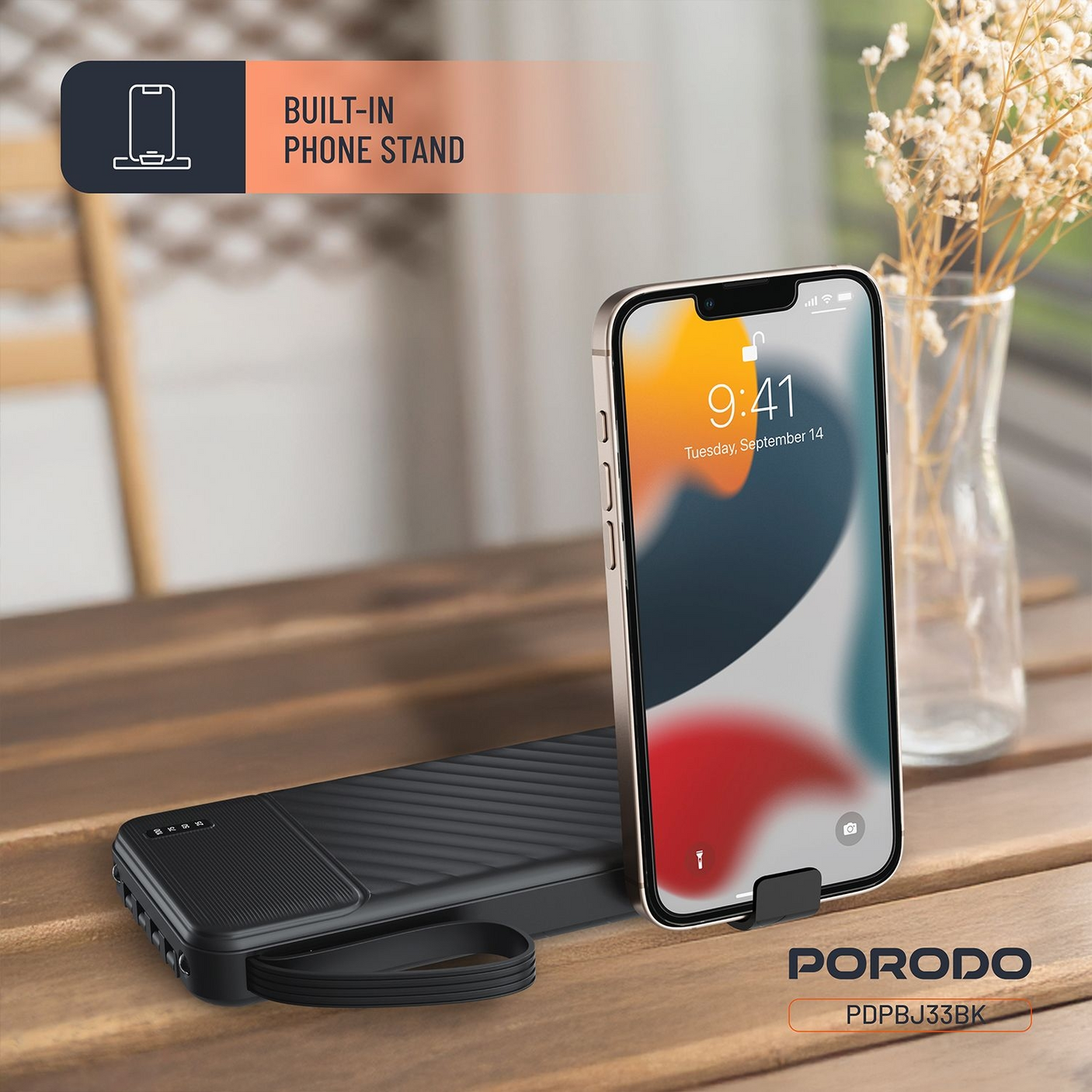 Porodo Piano 10000mAh Power Bank with Integrated Cables