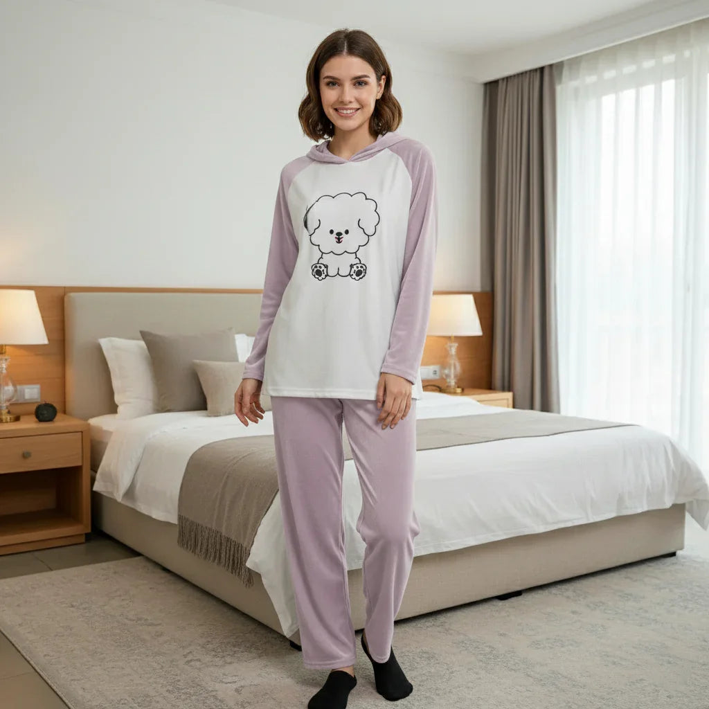 Women's Fuzzy Fleece Hooded Pajama Set