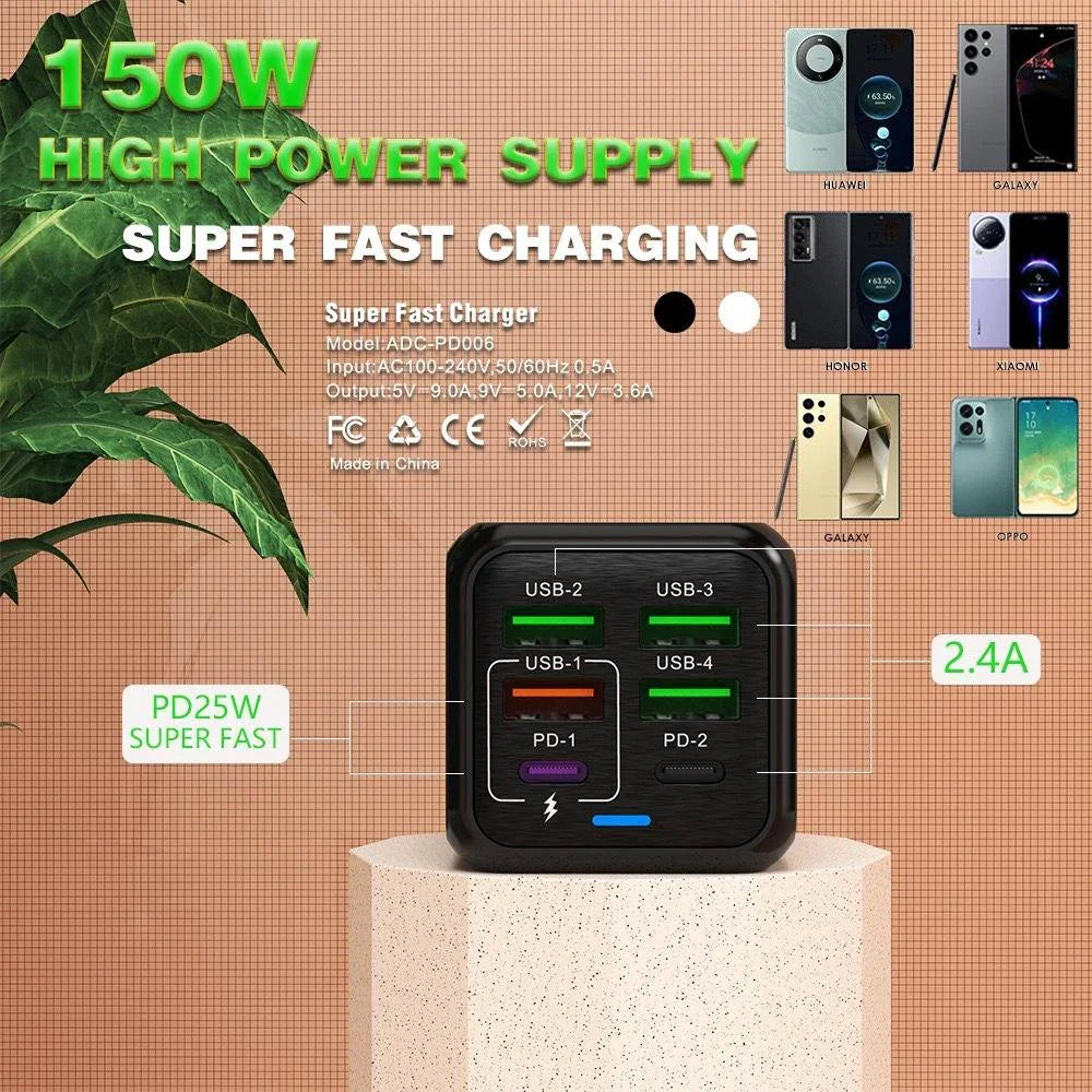 محول الشحن السريع المحمول متعدد المنافذ بقوة 150 واط ADC-PD006