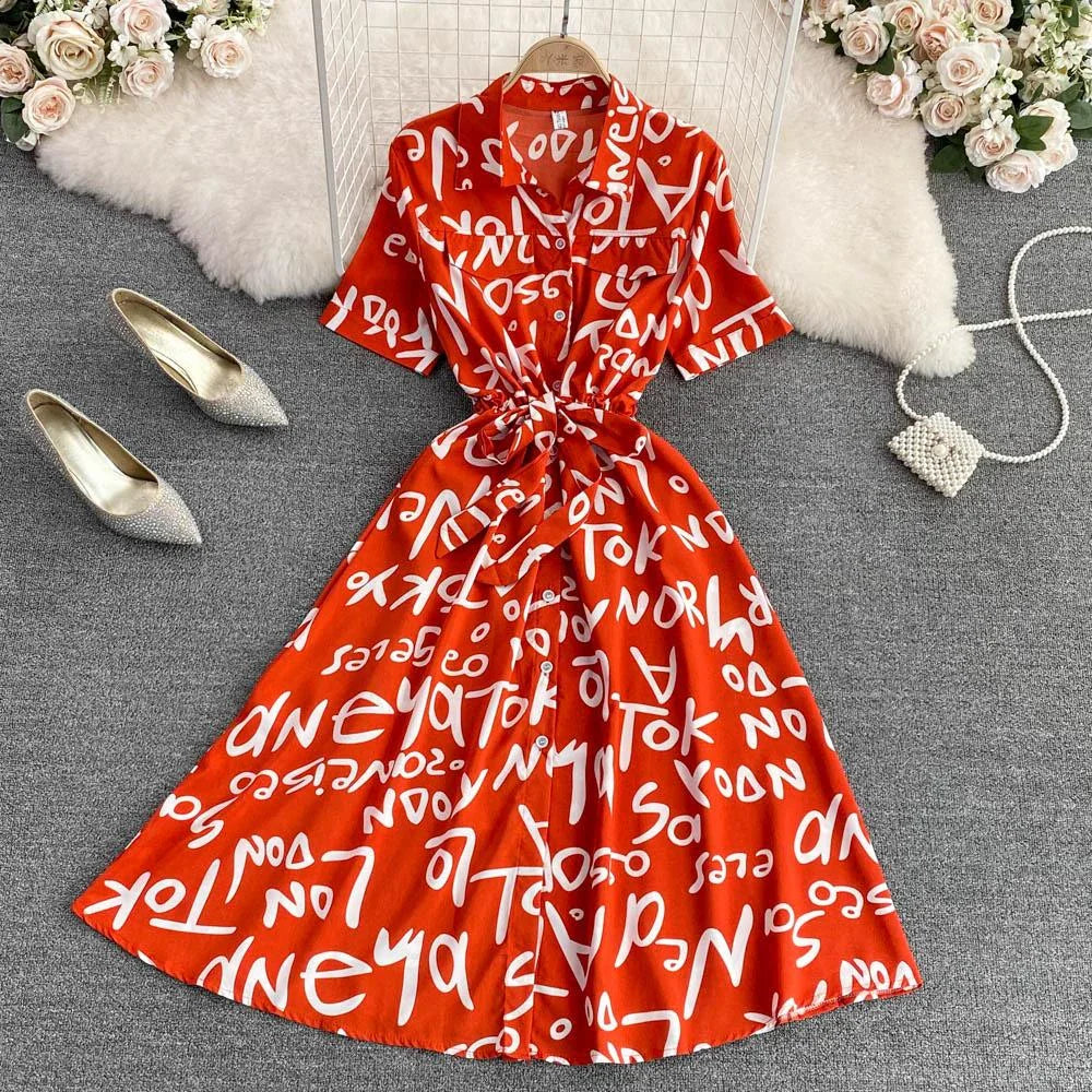 Women's Turn Down Collar Single Breasted Casual Dress