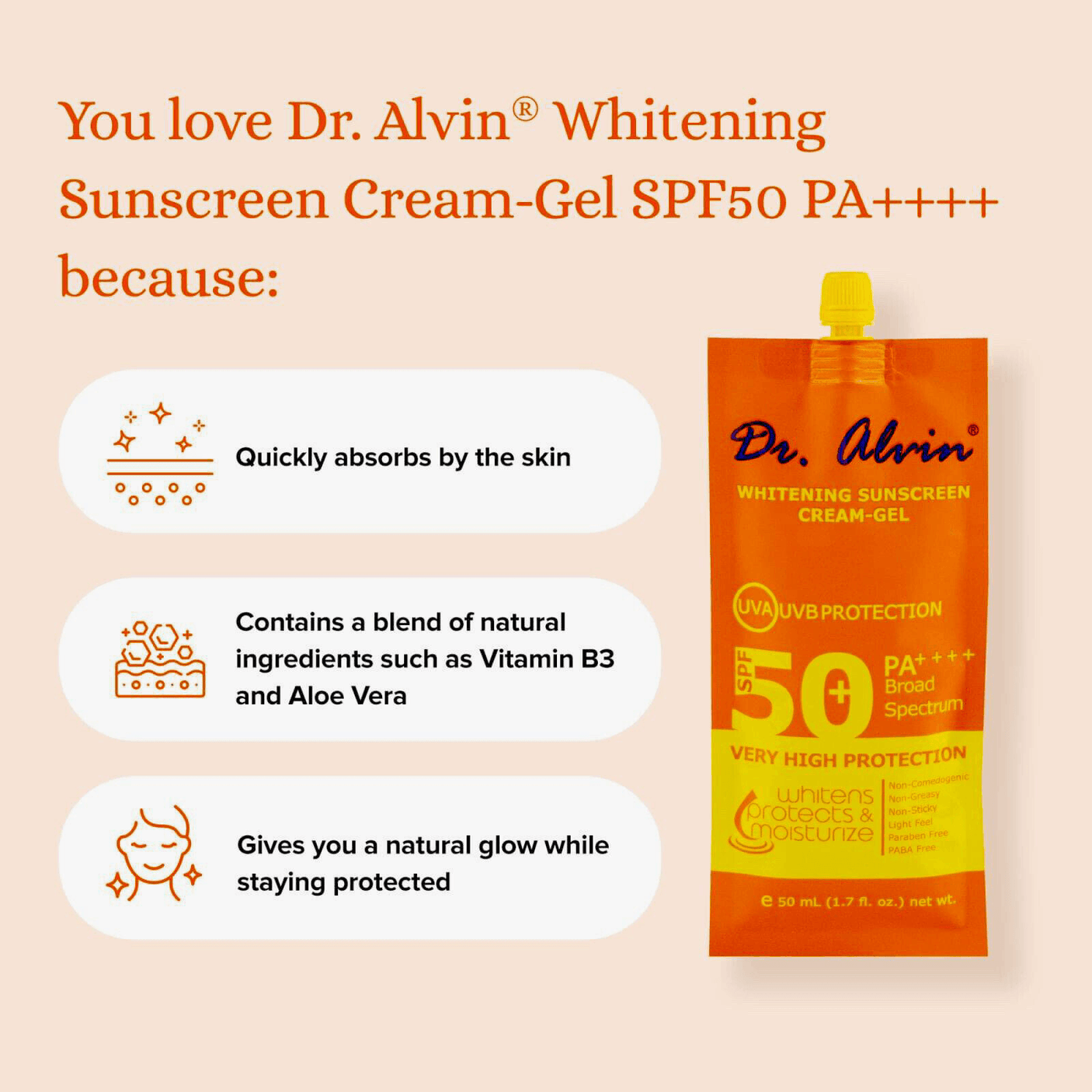 Dr. Alwin Whitening Sunscreen Cream Gel SPF 50 + 50ml