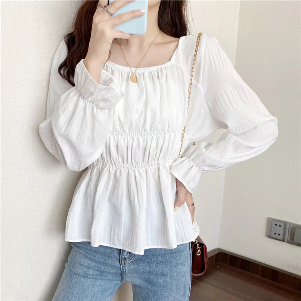 Women's Croptop Vintage Retro Square Shirring Blouse Dress