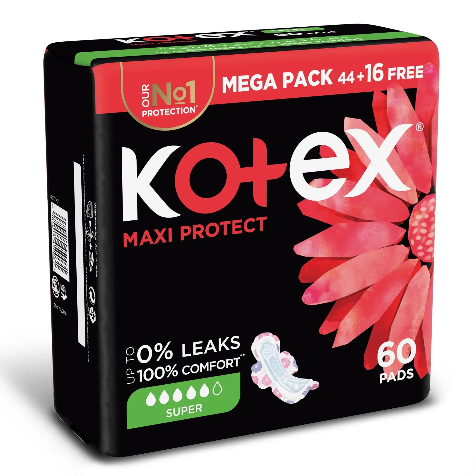 Kotex Maxi Protect Thick Pads Super Size With Wings - 60 Pads