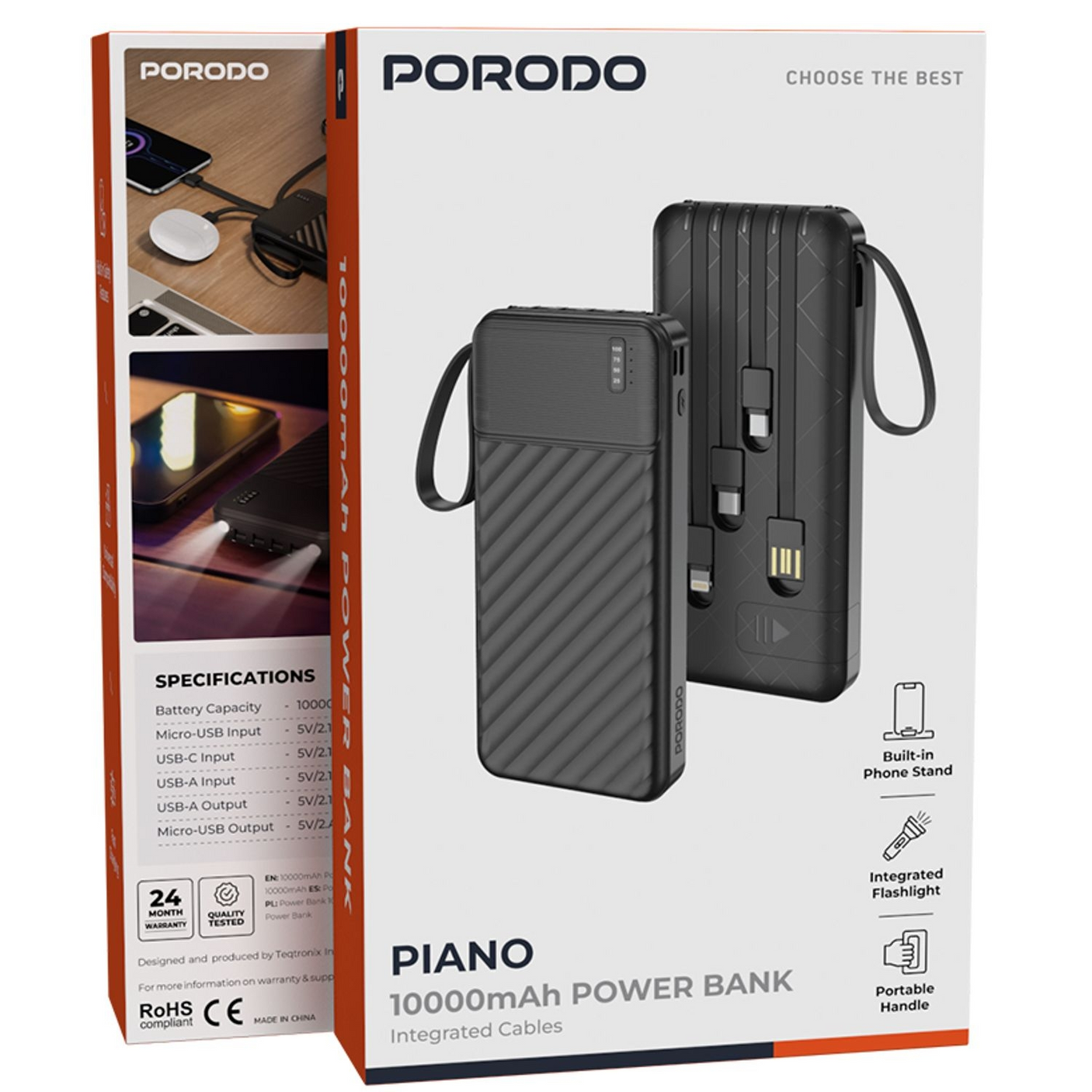 Porodo Piano 10000mAh Power Bank with Integrated Cables